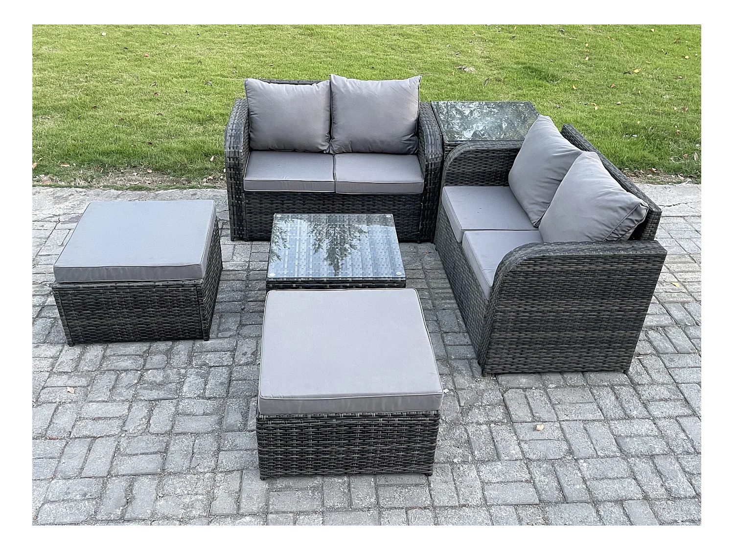 6-Sitzer Hoher Rücken Polyrattan Gartenmöbel Set mit Quadratischer Couchtisch 2 hohen Hockern Love Sofa Garten Lounge Set Dunkelgrau Gemischt