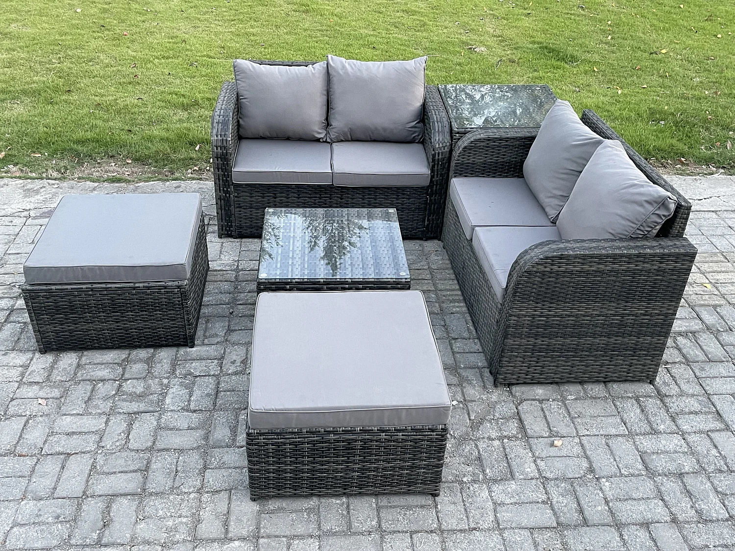 6 places Dossier haut Salon de jardin avec Table basse carrée 2 Grand tabourets Canapé d'amour Ensemble de canapés en rotin Gris foncé mixte