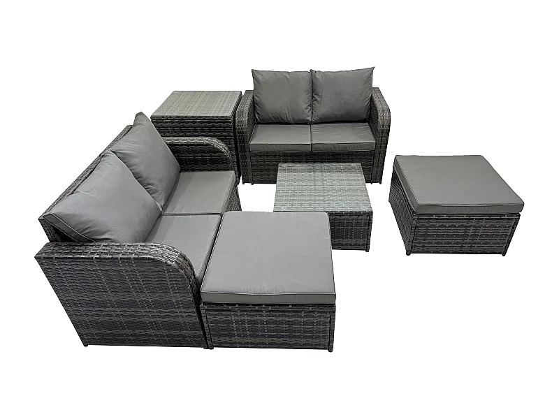 6 places Dossier haut Salon de jardin avec Table basse carrée 2 Grand tabourets Canapé d'amour Ensemble de canapés en rotin Gris foncé mixte