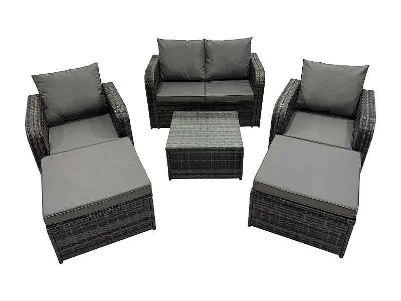 6-Sitzer Hoher Rücken Polyrattan Gartenmöbel Set mit Quadratischer Couchtisch 2 hohen Hockern Love Sofa Liegestühle Garten Lounge Set Dunkelgrau Gemischt