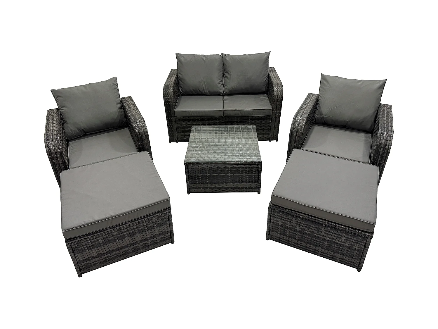 6-Sitzer Hoher Rücken Polyrattan Gartenmöbel Set mit Quadratischer Couchtisch 2 hohen Hockern Love Sofa Liegestühle Garten Lounge Set Dunkelgrau Gemischt