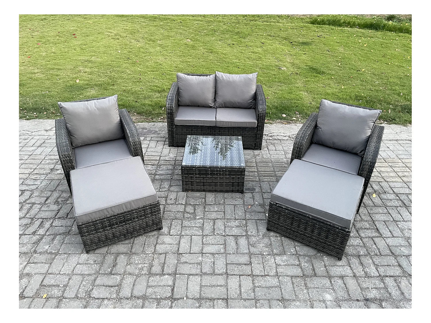 6-Sitzer Hoher Rücken Polyrattan Gartenmöbel Set mit Quadratischer Couchtisch 2 hohen Hockern Love Sofa Liegestühle Garten Lounge Set Dunkelgrau Gemischt