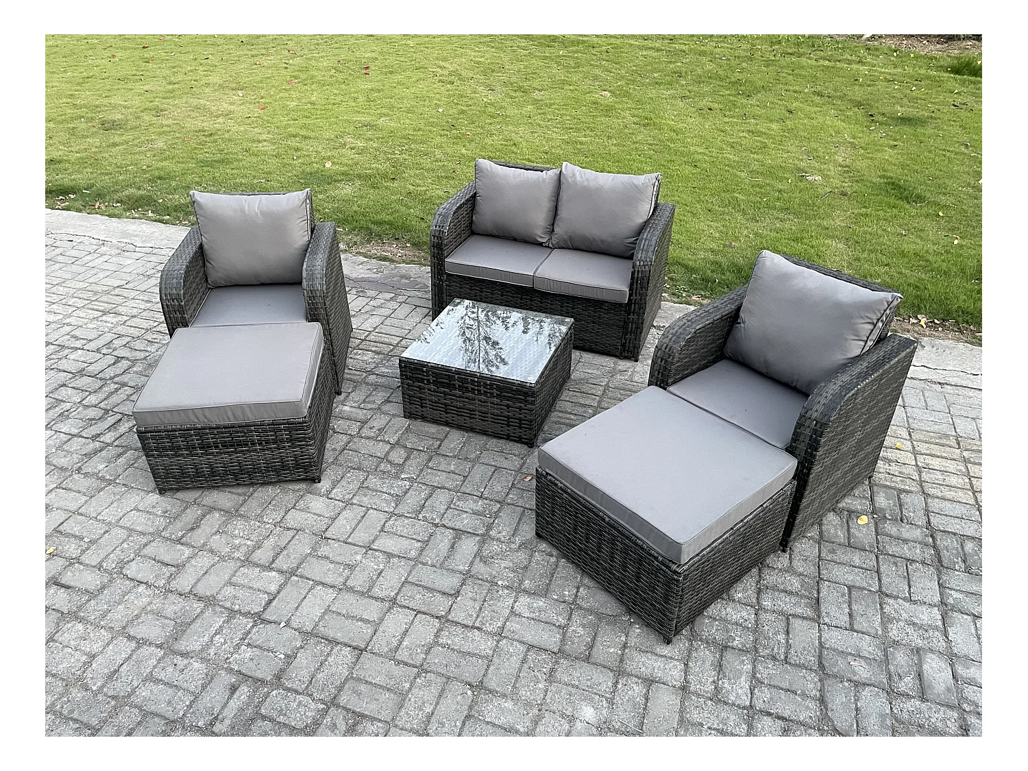6-Sitzer Hoher Rücken Polyrattan Gartenmöbel Set mit Quadratischer Couchtisch 2 hohen Hockern Love Sofa Liegestühle Garten Lounge Set Dunkelgrau Gemischt