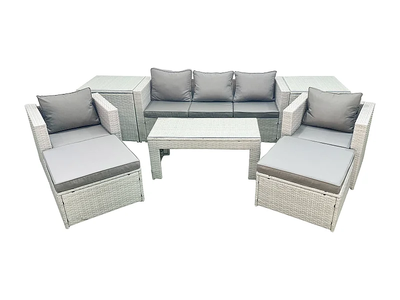 Polyrattan Gartenmöbel Set 7-Sitzer Outdoor Garten Sofa 2 Sesseln Rechteckiger Couchtisch Set mit 2 Hockern 2 Beistelltischen Hellgrau gemischt