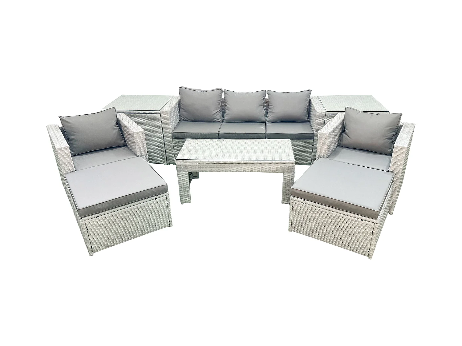 Polyrattan Gartenmöbel Set 7-Sitzer Outdoor Garten Sofa 2 Sesseln Rechteckiger Couchtisch Set mit 2 Hockern 2 Beistelltischen Hellgrau gemischt