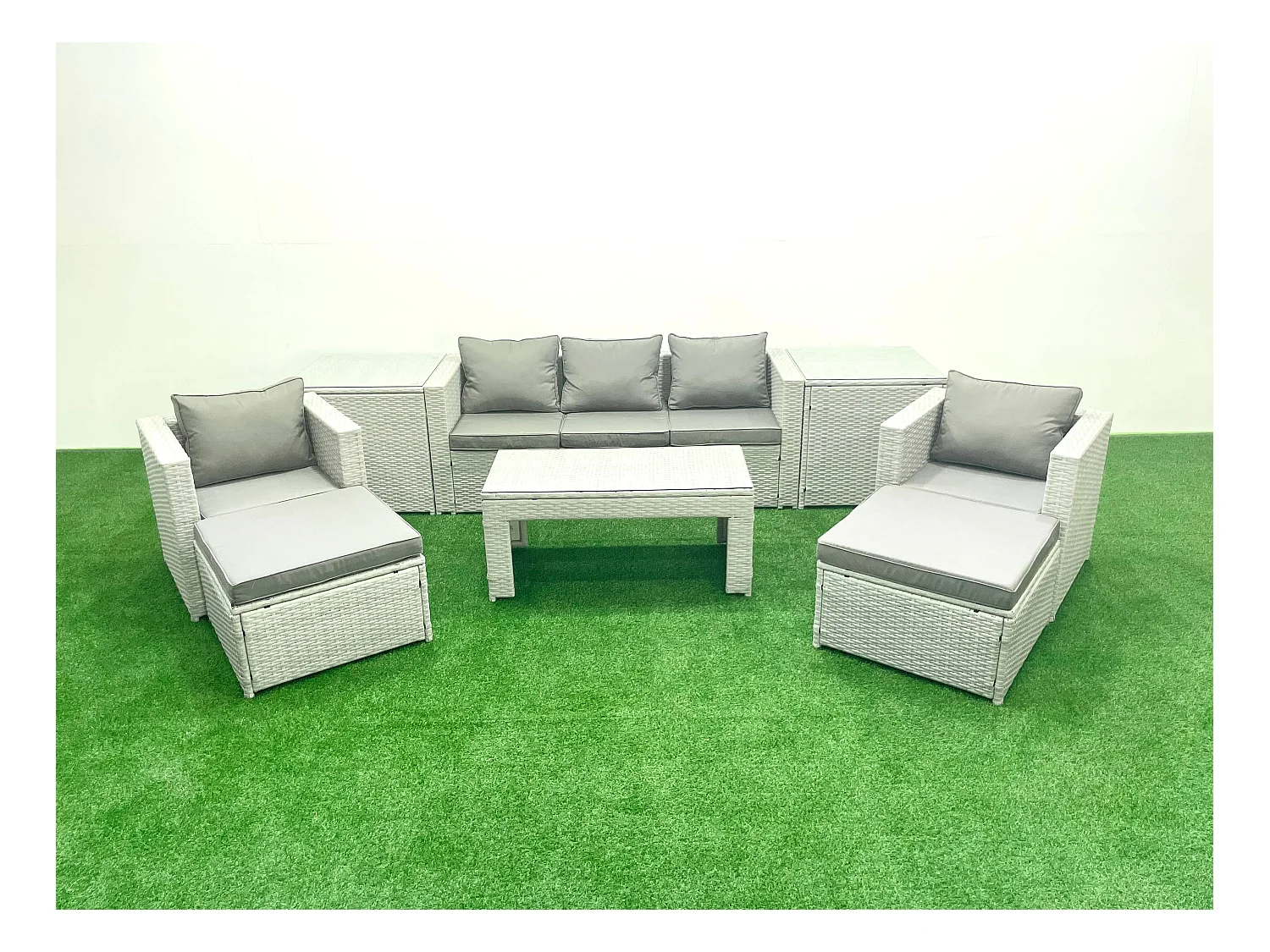 Polyrattan Gartenmöbel Set 7-Sitzer Outdoor Garten Sofa 2 Sesseln Rechteckiger Couchtisch Set mit 2 Hockern 2 Beistelltischen Hellgrau gemischt