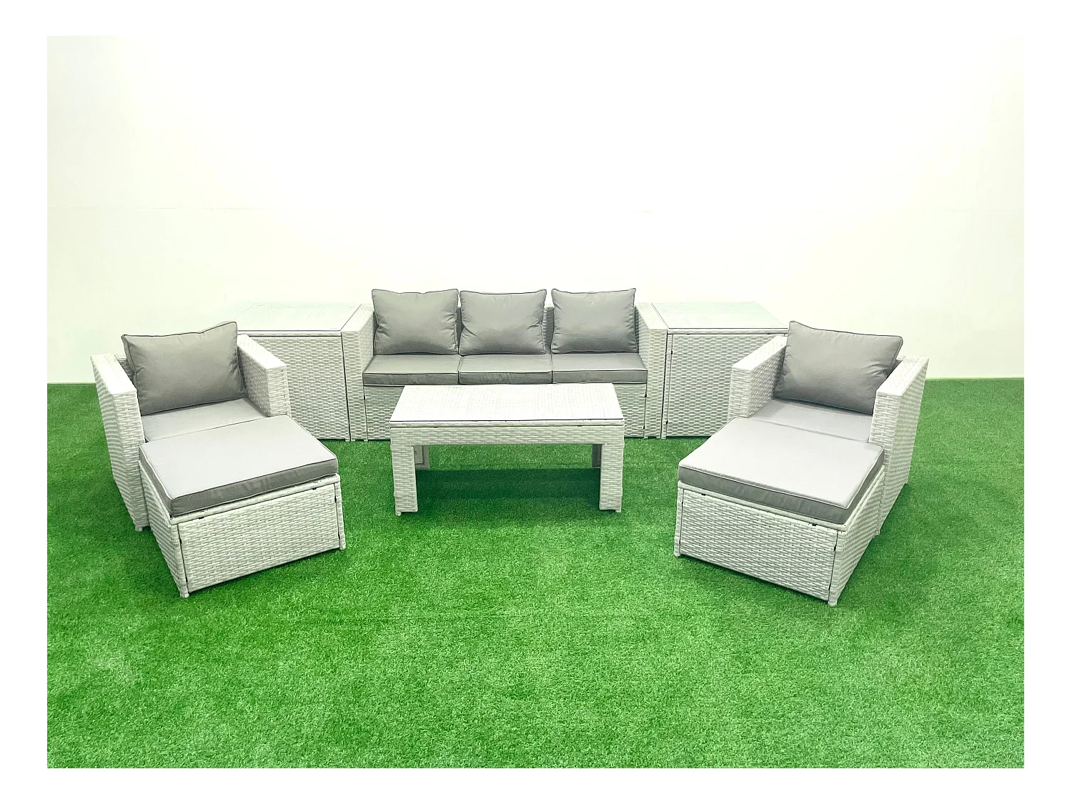 Polyrattan Gartenmöbel Set 7-Sitzer Outdoor Garten Sofa 2 Sesseln Rechteckiger Couchtisch Set mit 2 Hockern 2 Beistelltischen Hellgrau gemischt