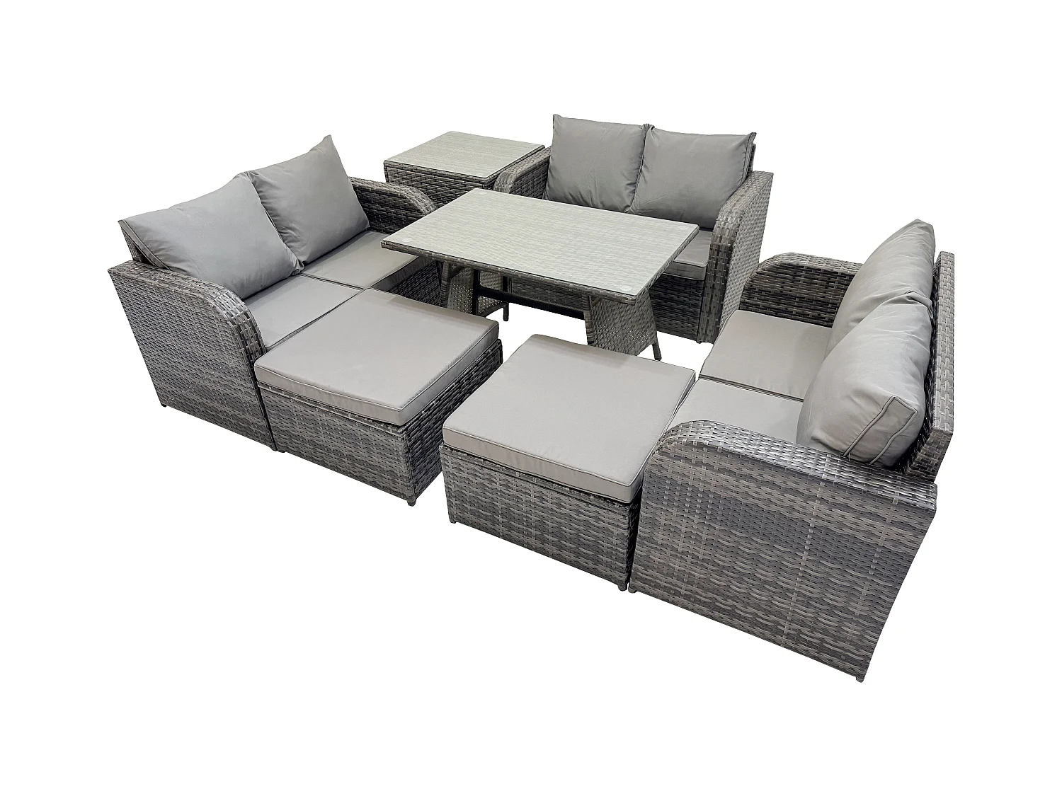 Polyrattan Gartenmöbelset 8-Sitzer Gartensofa Set Set mit Rechteckiger Esstisch 2 hohen Hockern Beistelltisch Dunkelgrau Gemischt