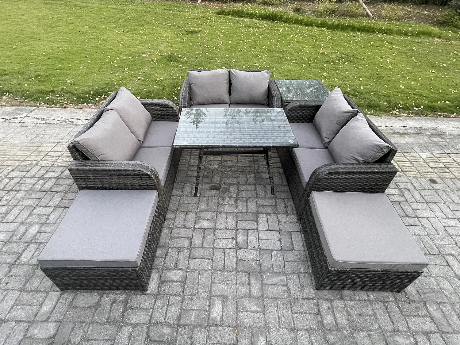 Polyrattan Gartenmöbelset 8-Sitzer Gartensofa Set Set mit Rechteckiger Esstisch 2 hohen Hockern Beistelltisch Dunkelgrau Gemischt