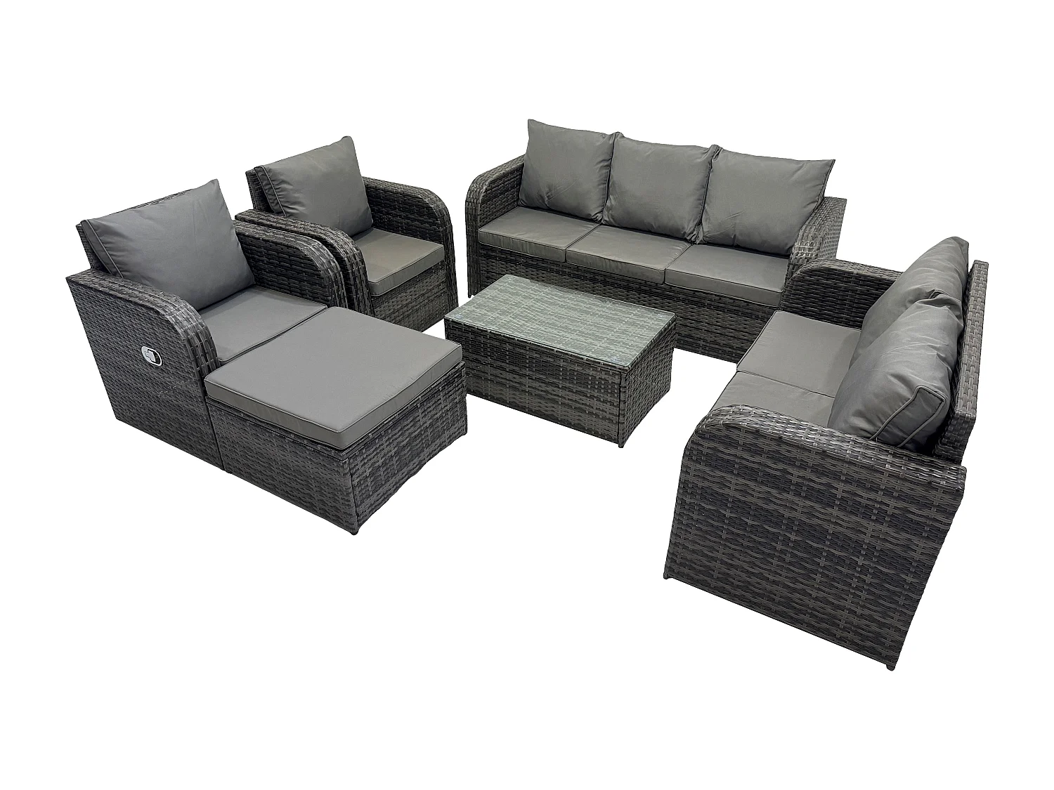 8-Sitzer Hoher Rücken Rattan Gartenmöbel Sets mit Rechteckiger Couchtisch 3-Sitzer Sofa Love Sofa 2 Großer Hockern