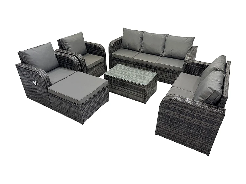 8-Sitzer Hoher Rücken Rattan Gartenmöbel Sets mit Rechteckiger Couchtisch 3-Sitzer Sofa Love Sofa 2 Großer Hockern