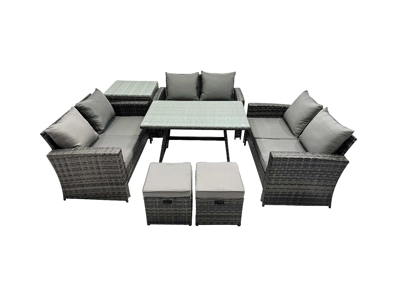 7 PCS Salon de jardin avec Table à manger rectangulaire Canapé à deux places Table d'appoint 2 Petits tabourets Gris foncé mixte