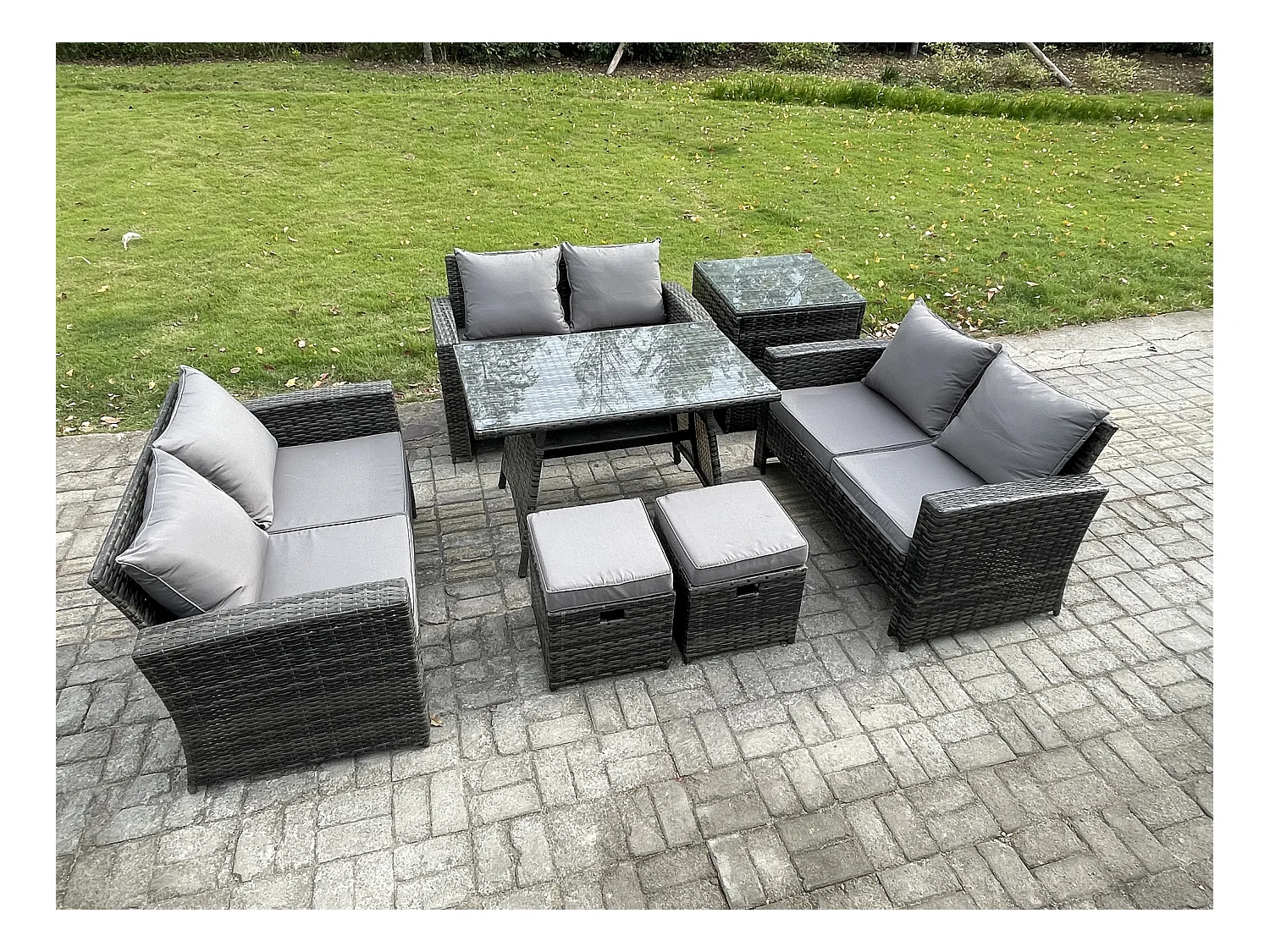 7 PCS Salon de jardin avec Table à manger rectangulaire Canapé à deux places Table d'appoint 2 Petits tabourets Gris foncé mixte