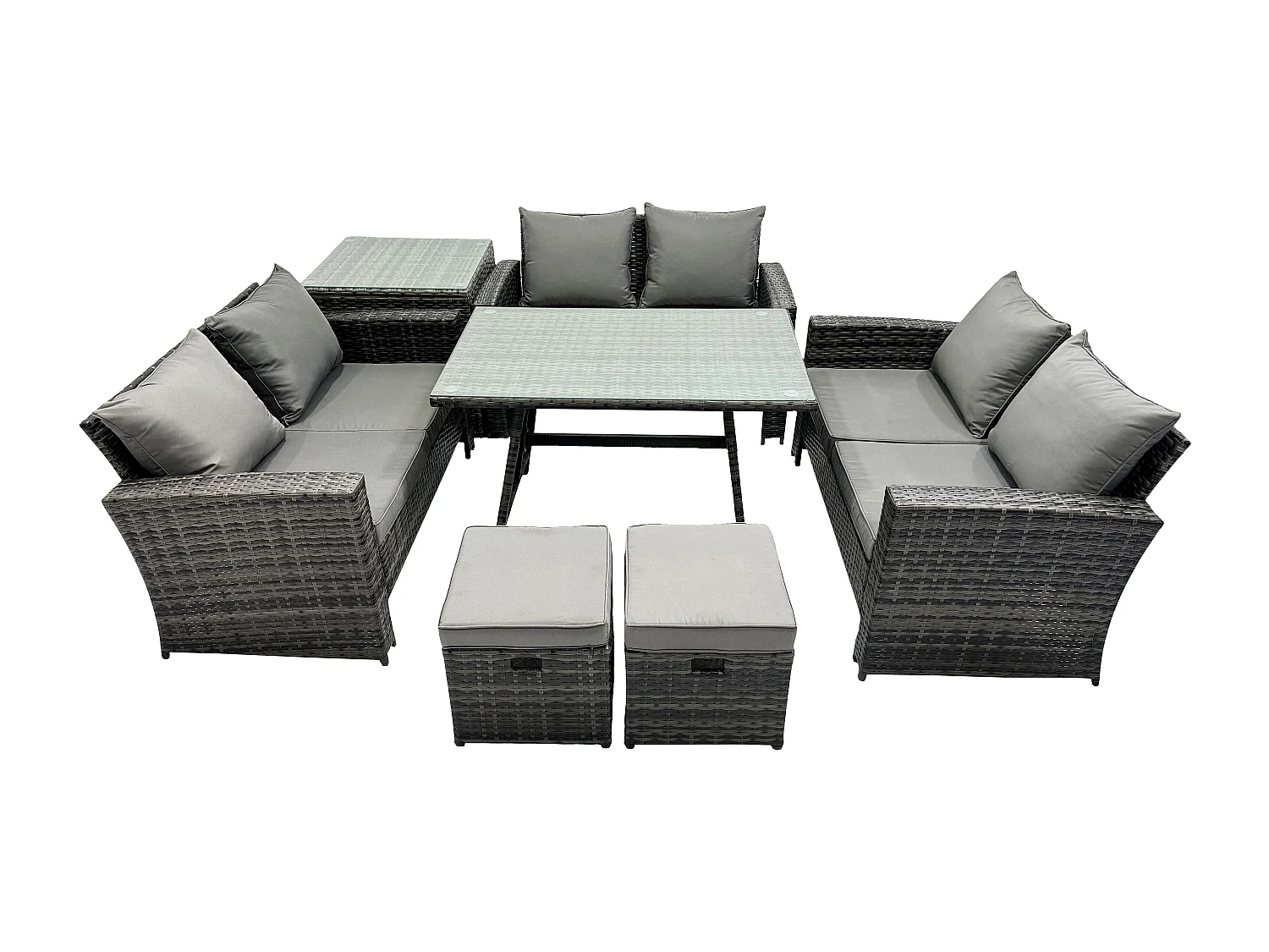 7 PCS Salon de jardin avec Table à manger rectangulaire Canapé à deux places Table d'appoint 2 Petits tabourets Gris foncé mixte
