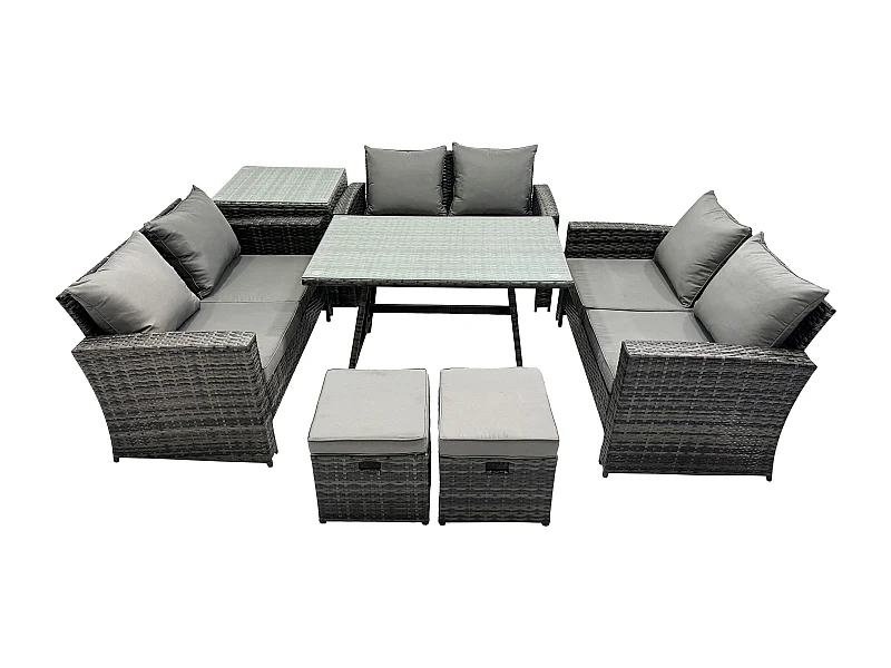 7 PCS Garten Sofa im Freien Set Polyrattan Gartenmöbel Set mit Rechteckiger Esstisch Loveseat Sofa Beistelltisch 2 kleine Fußhockern Dunkelgrau Gemischt