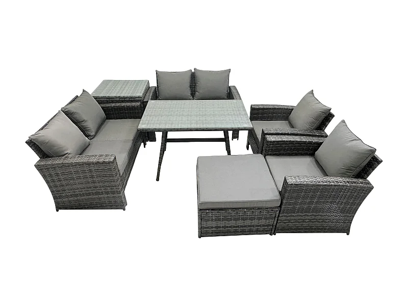 Polyrattan Gartenmöbel Set 7-Sitzer Polyrattan Garten Sofa im Freien Set mit Rechteckiger Esstisch Loveseat Sofa Beistelltisch 2 Großer Hockern Dunkelgrau Gemischt
