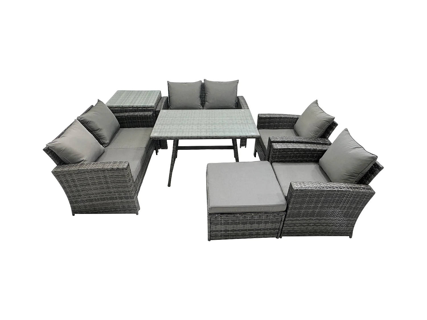 Polyrattan Gartenmöbel Set 7-Sitzer Polyrattan Garten Sofa im Freien Set mit Rechteckiger Esstisch Loveseat Sofa Beistelltisch 2 Großer Hockern Dunkelgrau Gemischt