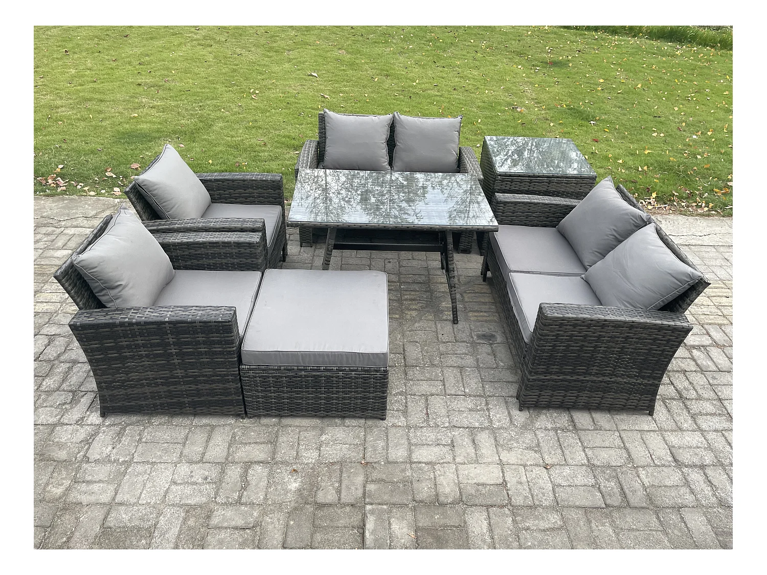 Polyrattan Gartenmöbel Set 7-Sitzer Polyrattan Garten Sofa im Freien Set mit Rechteckiger Esstisch Loveseat Sofa Beistelltisch 2 Großer Hockern Dunkelgrau Gemischt
