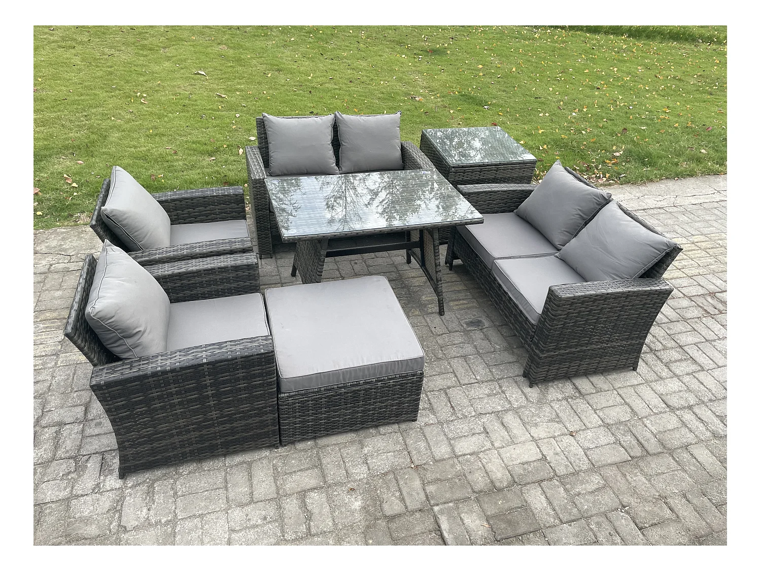 Polyrattan Gartenmöbel Set 7-Sitzer Polyrattan Garten Sofa im Freien Set mit Rechteckiger Esstisch Loveseat Sofa Beistelltisch 2 Großer Hockern Dunkelgrau Gemischt