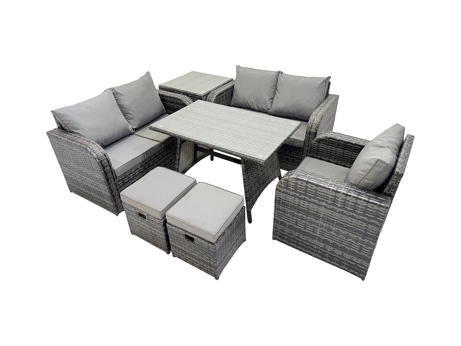 7 Stücke Polyrattan Gartenmöbel Set mit Esstisch Sesseln Love Sofa Beistelltisch 2 kleine Fußhockern Dunkelgrau Gemischt