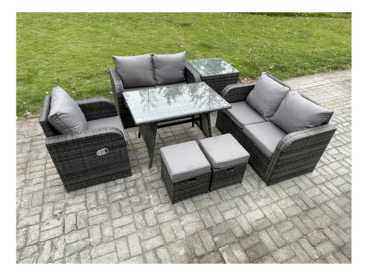 7 Stücke Polyrattan Gartenmöbel Set mit Esstisch Sesseln Love Sofa Beistelltisch 2 kleine Fußhockern Dunkelgrau Gemischt