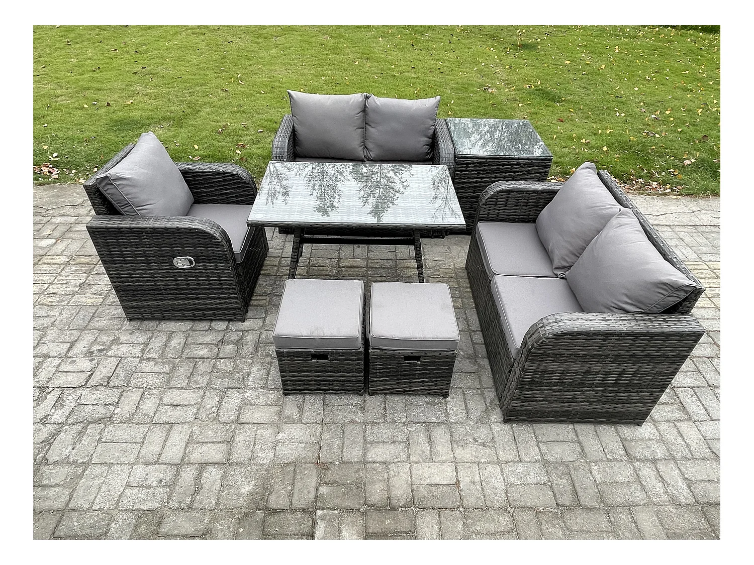 7 Stücke Polyrattan Gartenmöbel Set mit Esstisch Sesseln Love Sofa Beistelltisch 2 kleine Fußhockern Dunkelgrau Gemischt
