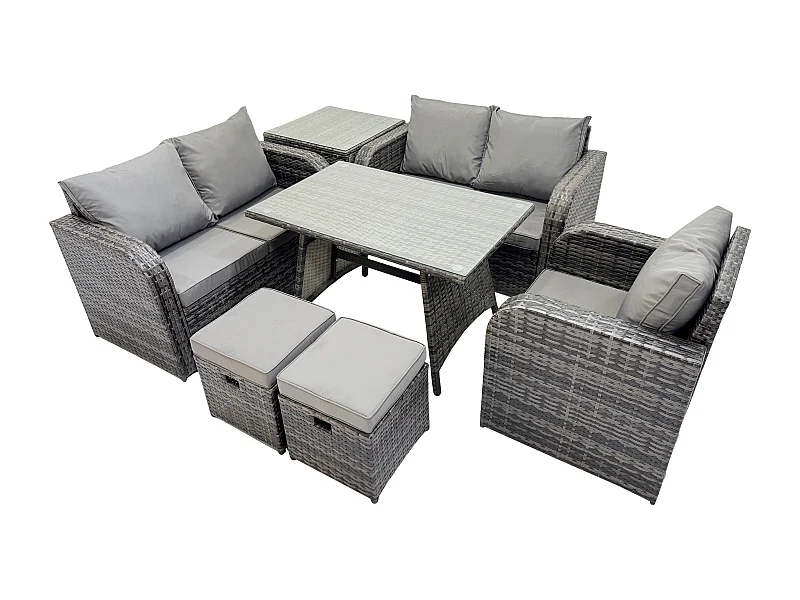 7 Pièces Ensemble de meubles de jardin en rotin avec Table à manger Fauteuil Canapé d'amour Table d'appoint 2 Petits tabourets Gris foncé mixte