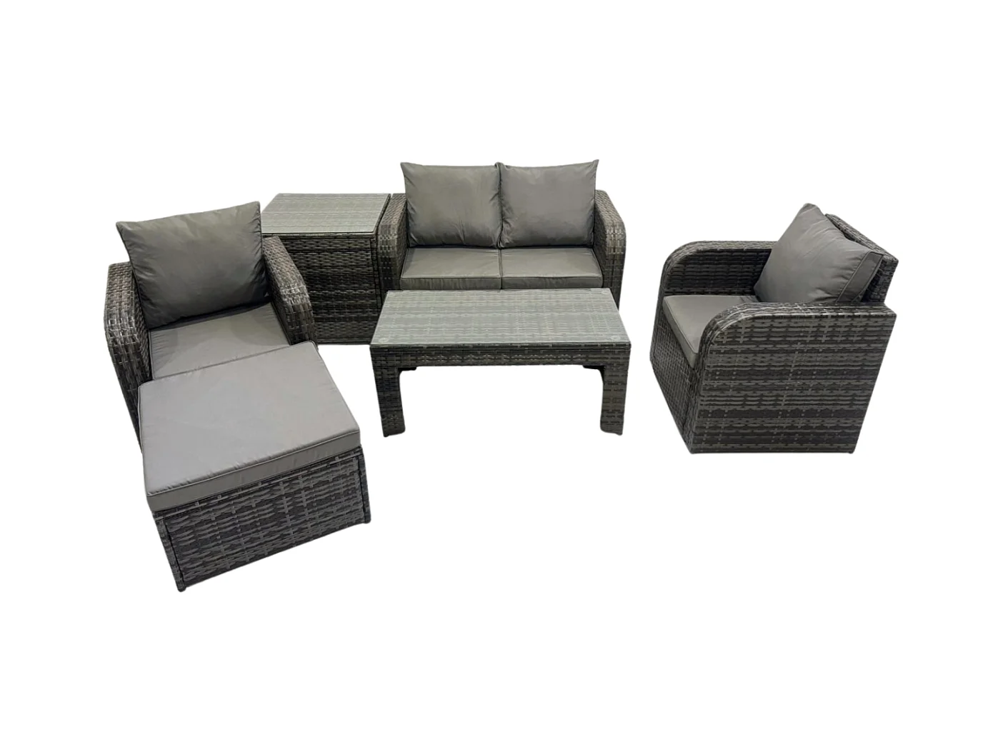 Rattan Lounge Sofa Set Gartenmöbel-Set mit Rechteckiger Couchtisch 2 Großer Hockern Love Sofa Beistelltisch Dunkelgrau Gemischt
