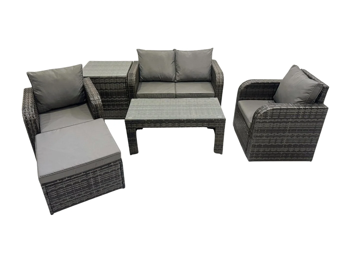 Rattan Lounge Sofa Set Gartenmöbel-Set mit Rechteckiger Couchtisch 2 Großer Hockern Love Sofa Beistelltisch Dunkelgrau Gemischt
