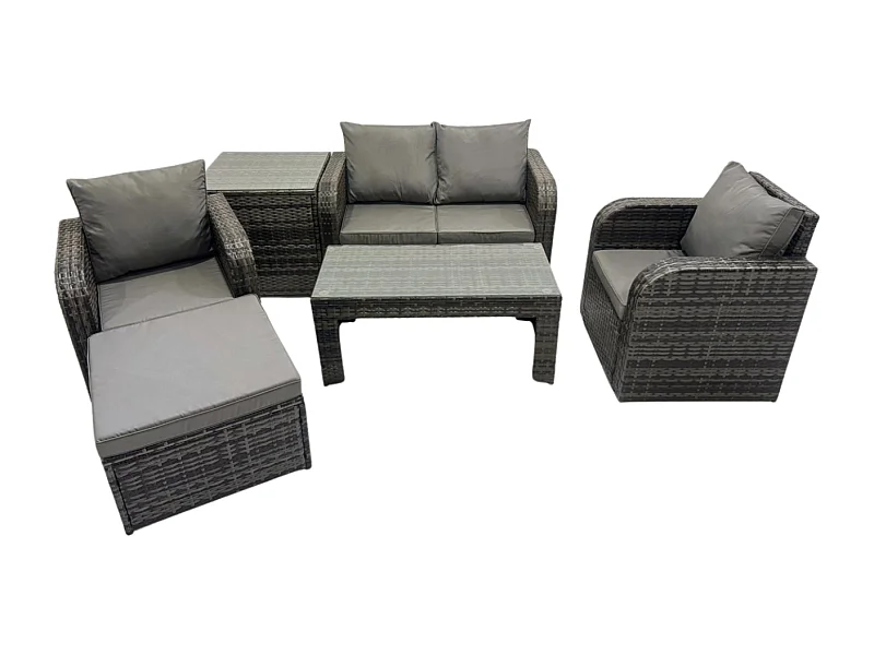Rattan Lounge Sofa Set Gartenmöbel-Set mit Rechteckiger Couchtisch 2 Großer Hockern Love Sofa Beistelltisch Dunkelgrau Gemischt