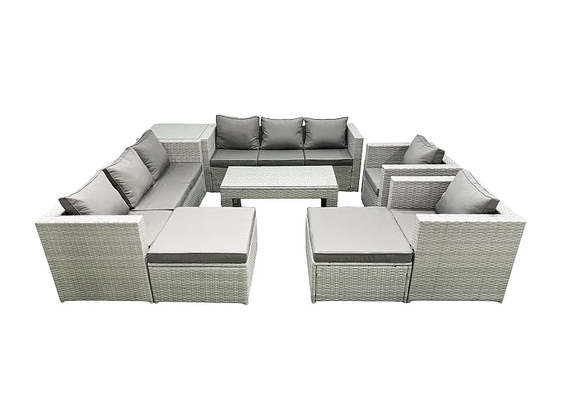 Gartenmöbelset Polyrattan mit 2 Sesseln Rechteckiger Couchtisch 2 hohen Hockern Beistelltisch Hellgrau gemischt