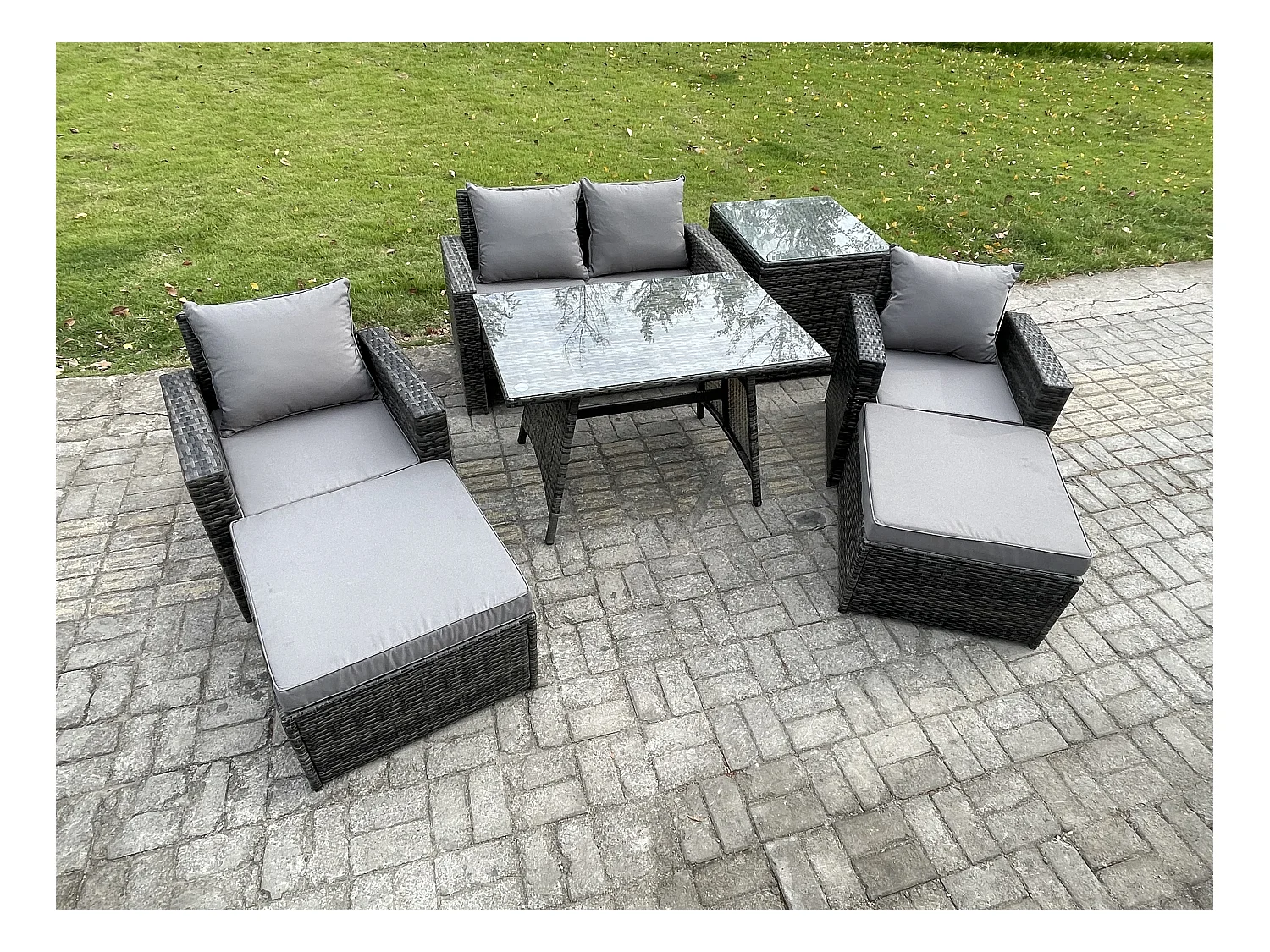 Ensemble de Meubles de Jardin avec Table à manger rectangulaire Fauteuil Canapé 2 places 2 Grand tabourets Table d'appoint