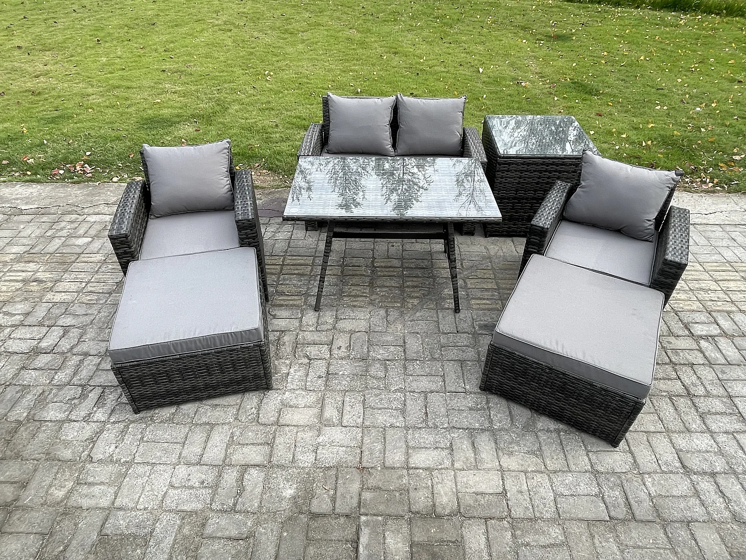 Hoher Rücken Rattan Gartenmöbel Sets mit Rechteckiger Esstisch Sessel 2-Sitzer Sofa 2 hohen Hockern Beistelltisch