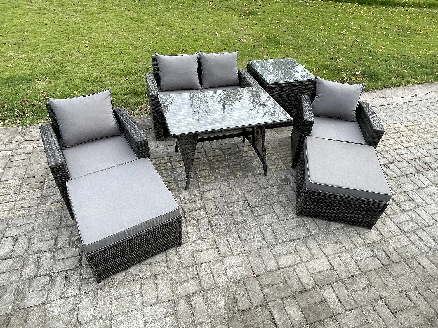 Hoher Rücken Rattan Gartenmöbel Sets mit Rechteckiger Esstisch Sessel 2-Sitzer Sofa 2 hohen Hockern Beistelltisch
