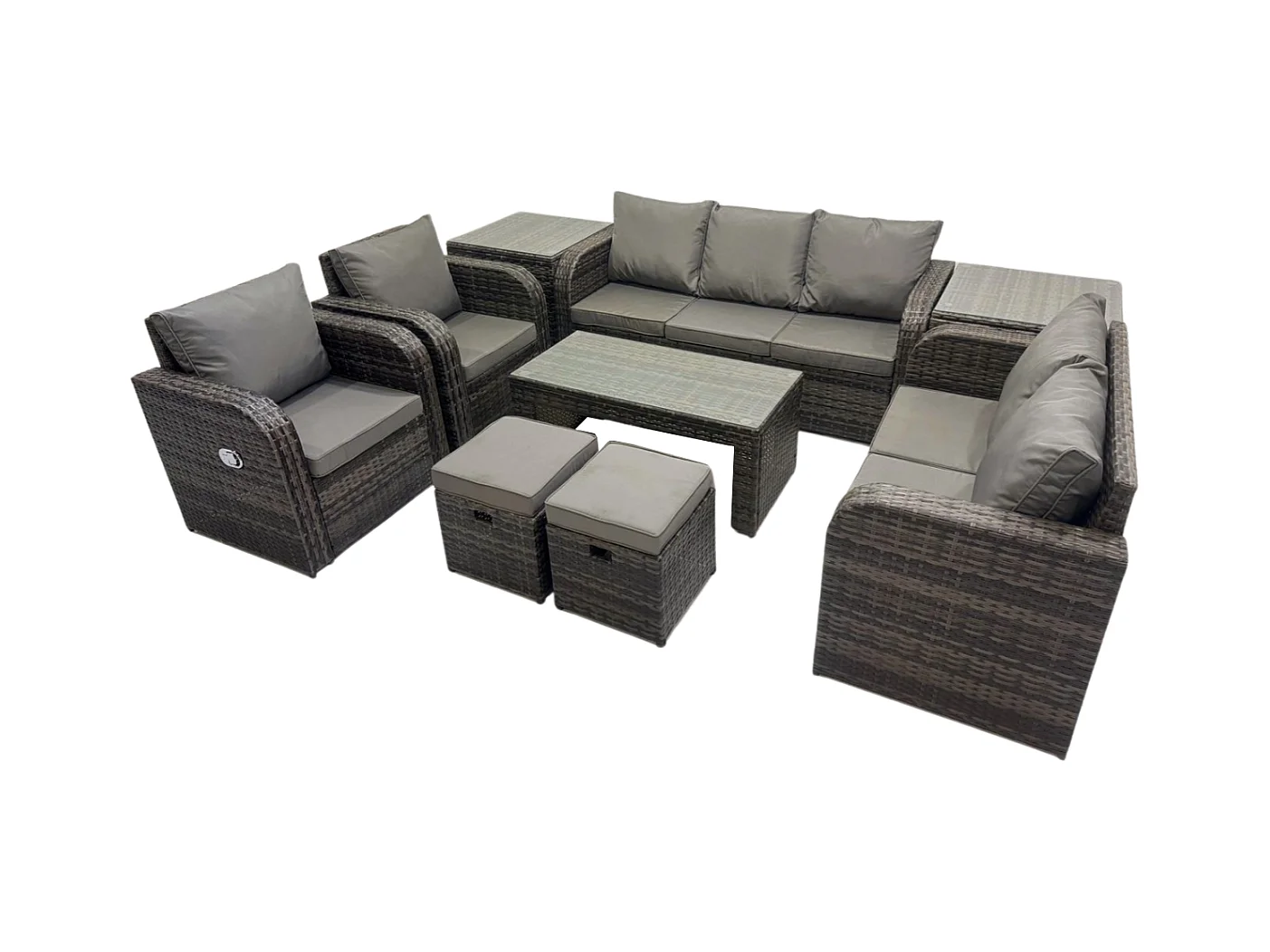 9-Sitzer Polyrattan Gartenmöbelset Rattan Lounge Sofa Set mit Rechteckiger Couchtisch 2 Beistelltischen 2 kleine Fußhockern Dunkelgrau Gemischt