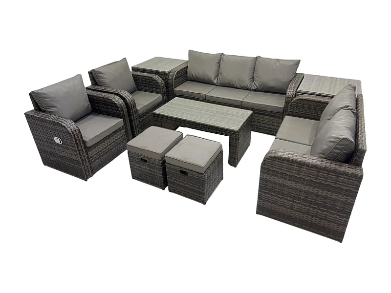 9-Sitzer Polyrattan Gartenmöbelset Rattan Lounge Sofa Set mit Rechteckiger Couchtisch 2 Beistelltischen 2 kleine Fußhockern Dunkelgrau Gemischt