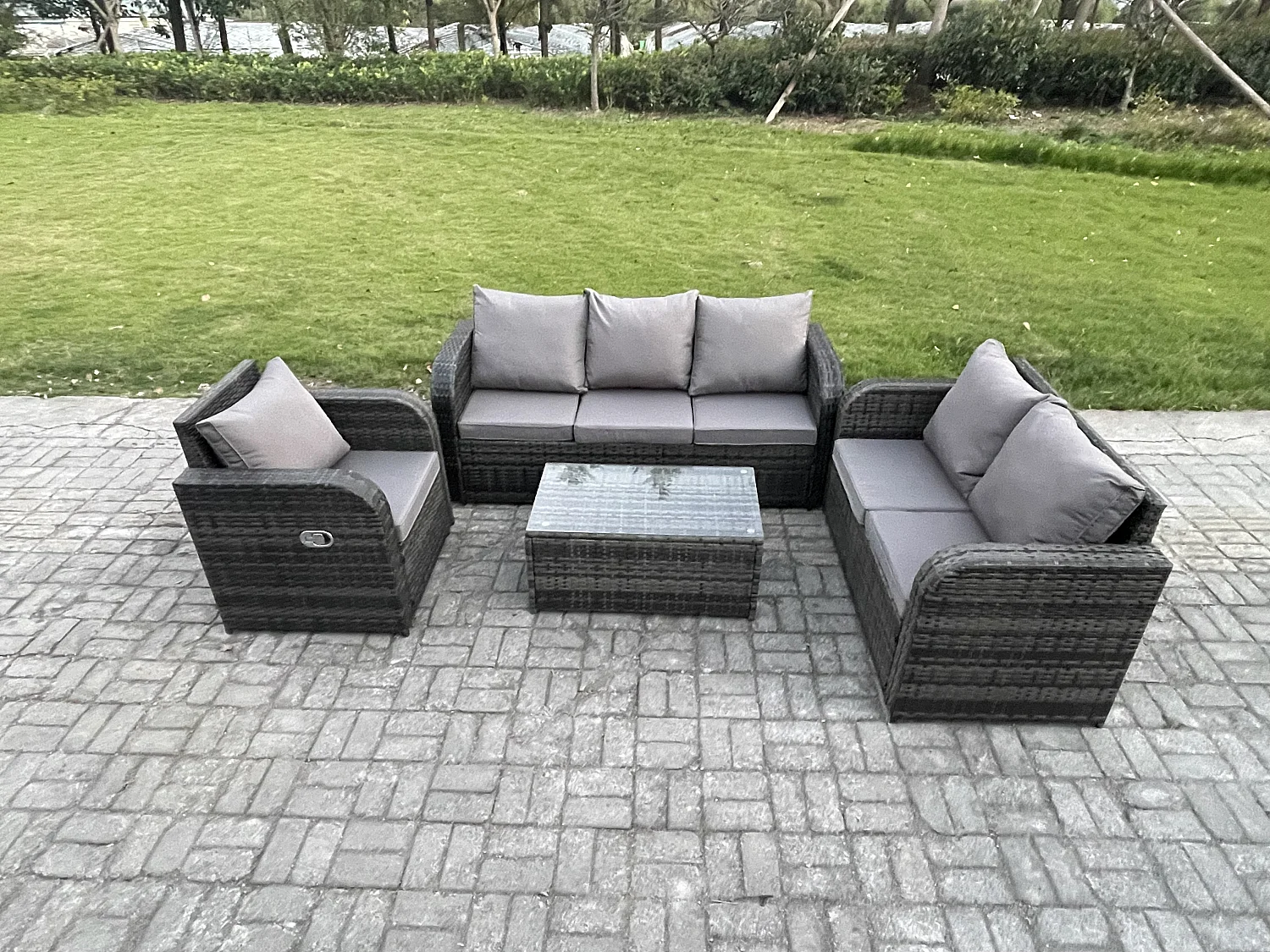 Rattan Gartenmöbel Set im Balkon 6-Sitzer Garten Sofa Set mit Rechteckiger Couchtisch Liegestühle Loveseat Sofa 3-Sitzer Sofa