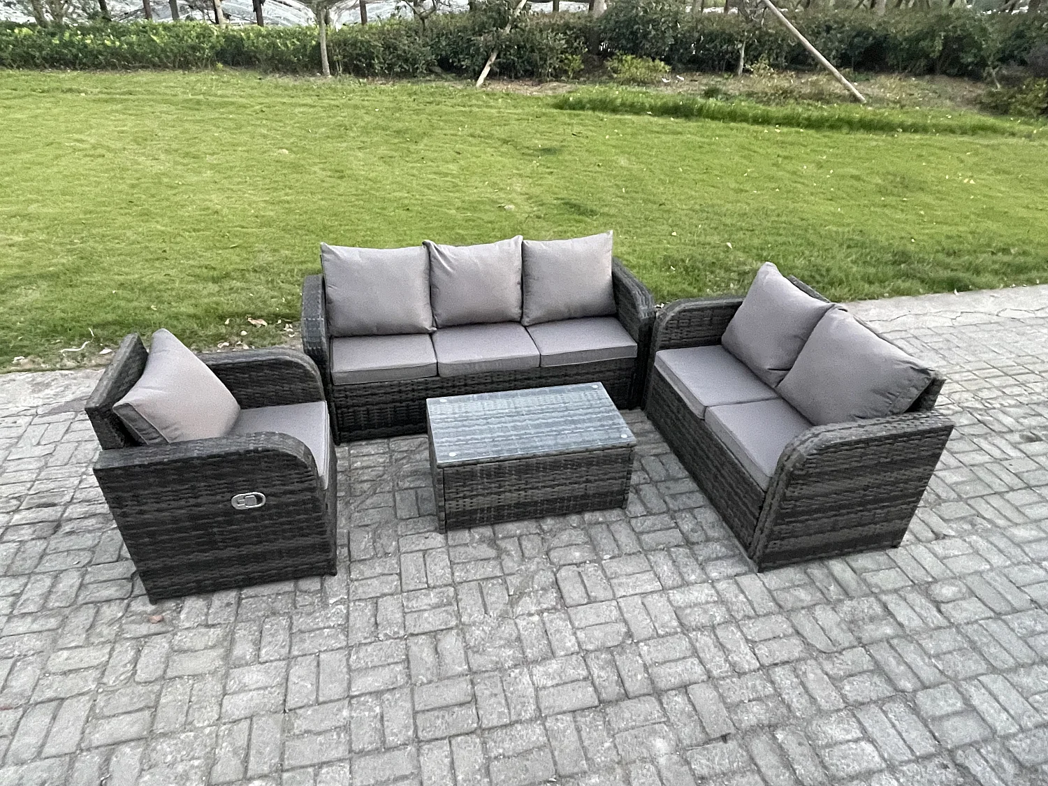 Rattan Gartenmöbel Set im Balkon 6-Sitzer Garten Sofa Set mit Rechteckiger Couchtisch Liegestühle Loveseat Sofa 3-Sitzer Sofa