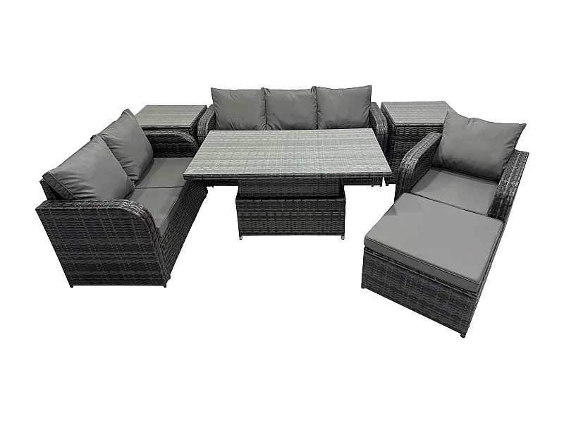 Rattan Gartenmöbel im Freien Patio höhenverstellbarer Tisch Liegestühle Sofa mit 2 Beistelltischen 2 Großer Hockern Dunkelgrau Gemischt