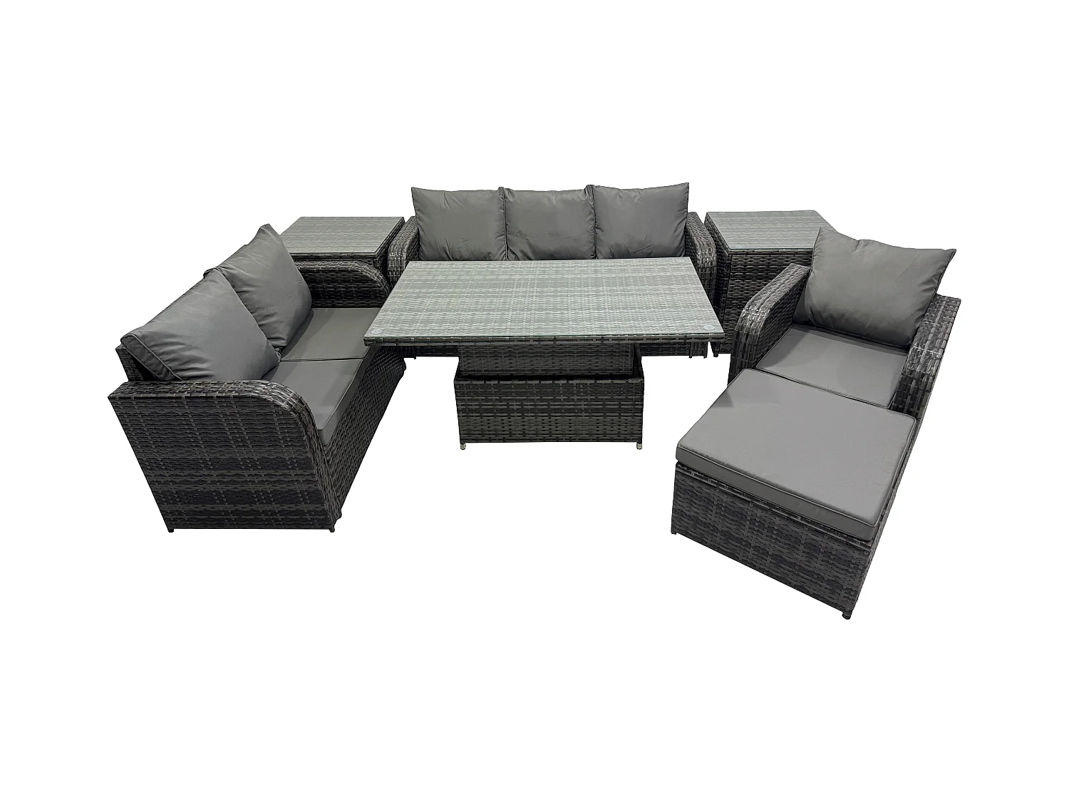 Rattan Gartenmöbel im Freien Patio höhenverstellbarer Tisch Liegestühle Sofa mit 2 Beistelltischen 2 Großer Hockern Dunkelgrau Gemischt