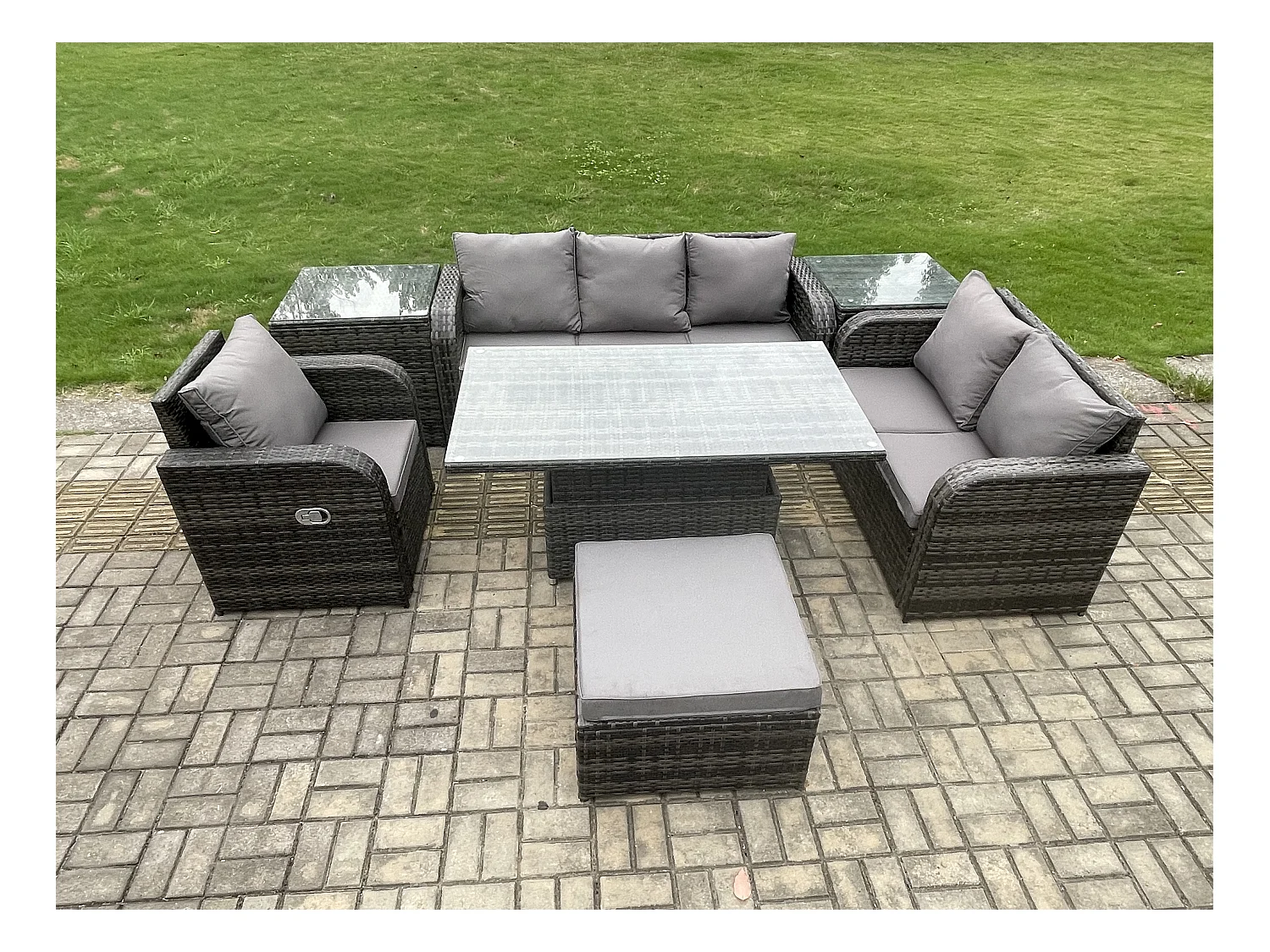 Rattan Gartenmöbel im Freien Patio höhenverstellbarer Tisch Liegestühle Sofa mit 2 Beistelltischen 2 Großer Hockern Dunkelgrau Gemischt