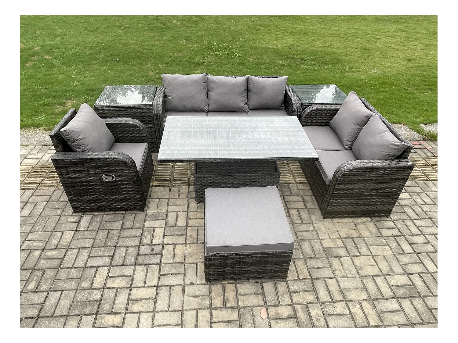 Rattan Gartenmöbel im Freien Patio höhenverstellbarer Tisch Liegestühle Sofa mit 2 Beistelltischen 2 Großer Hockern Dunkelgrau Gemischt