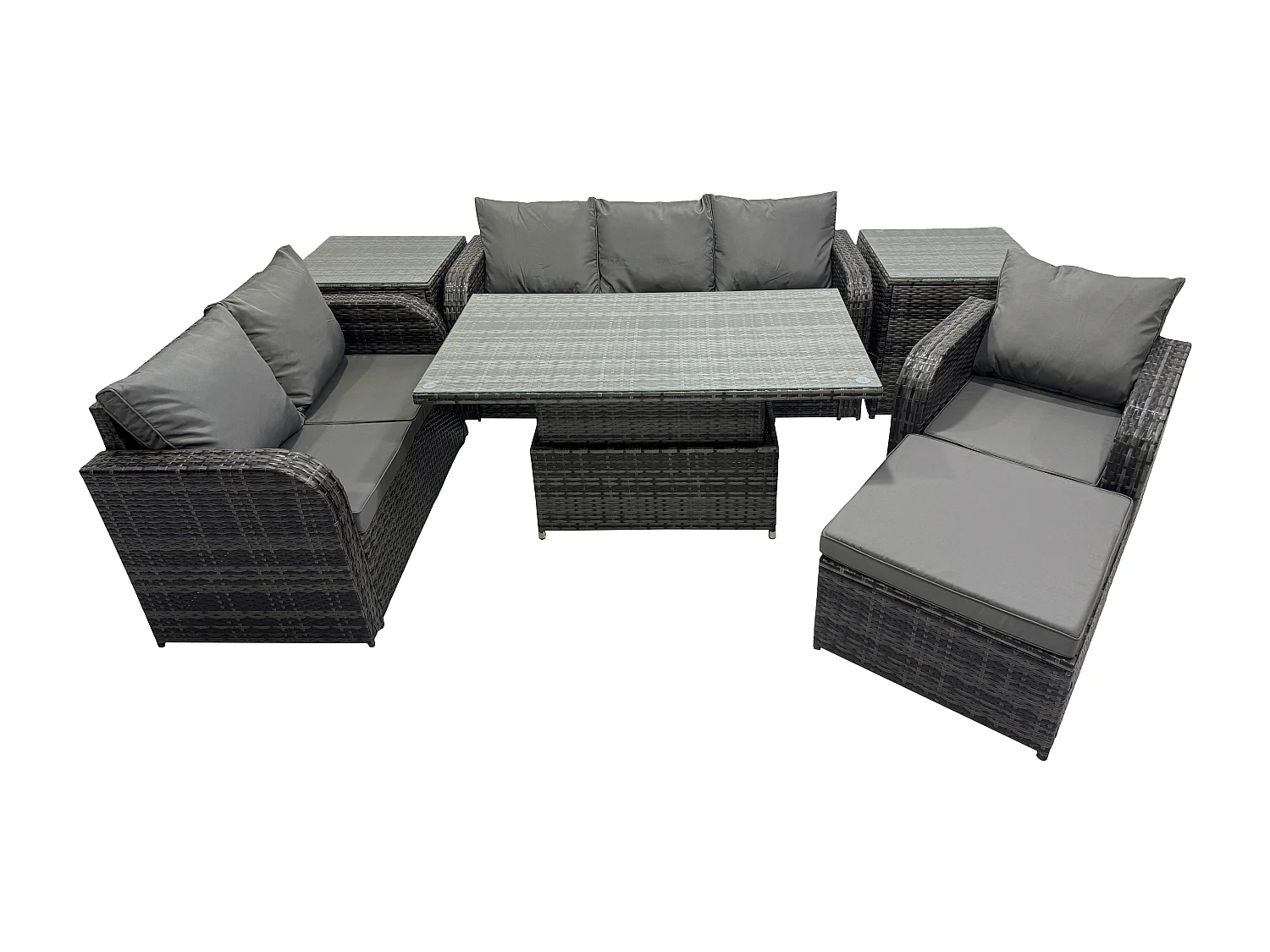 Salon de Jardin en Résine Ensemble Repas de Jardin Exterieur Table à manger réglable en hauteur Chaise inclinable Canapé avec 2 Tables d'appoint Grand tabouret