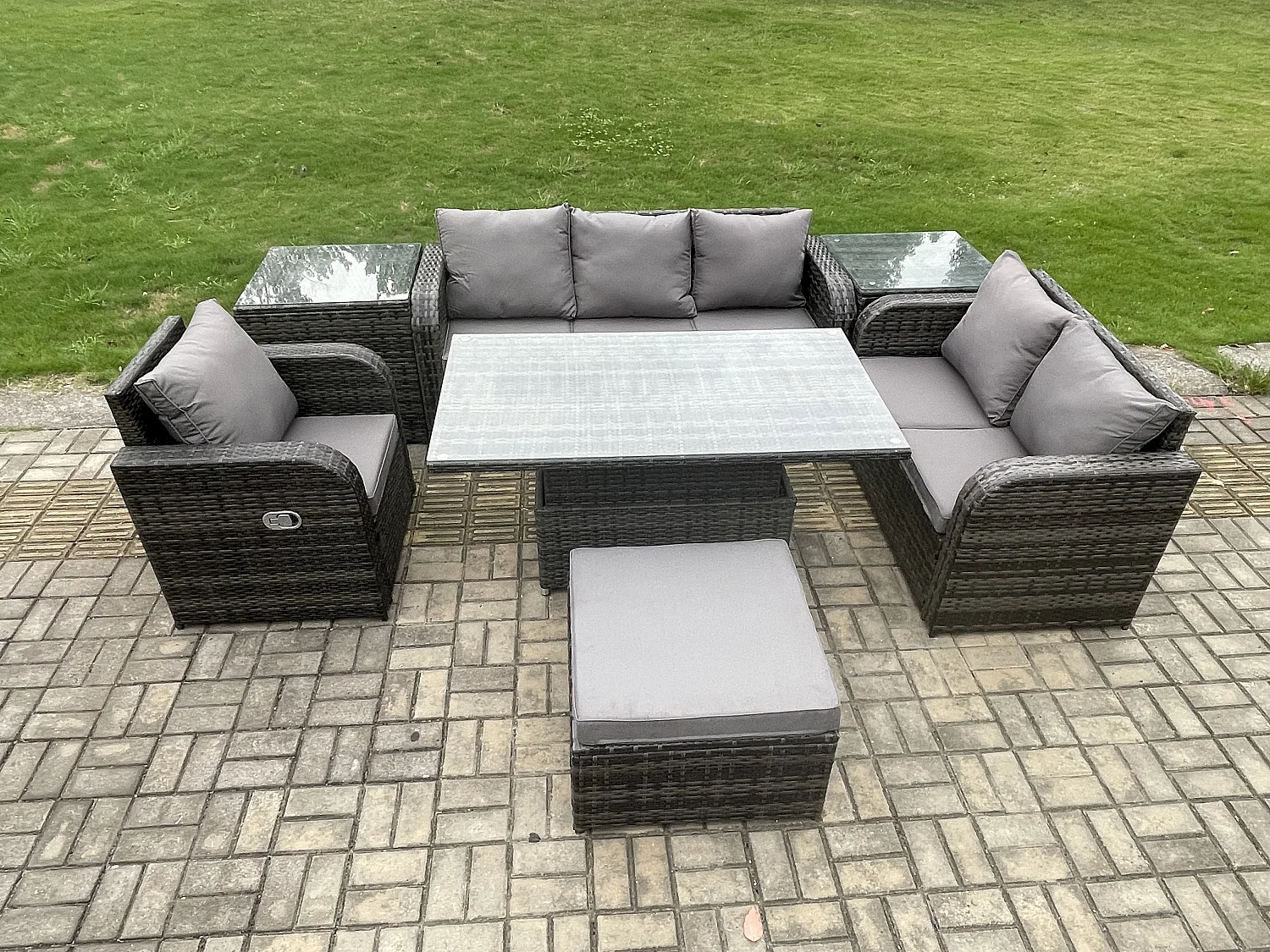 Salon de Jardin en Résine Ensemble Repas de Jardin Exterieur Table à manger réglable en hauteur Chaise inclinable Canapé avec 2 Tables d'appoint Grand tabouret