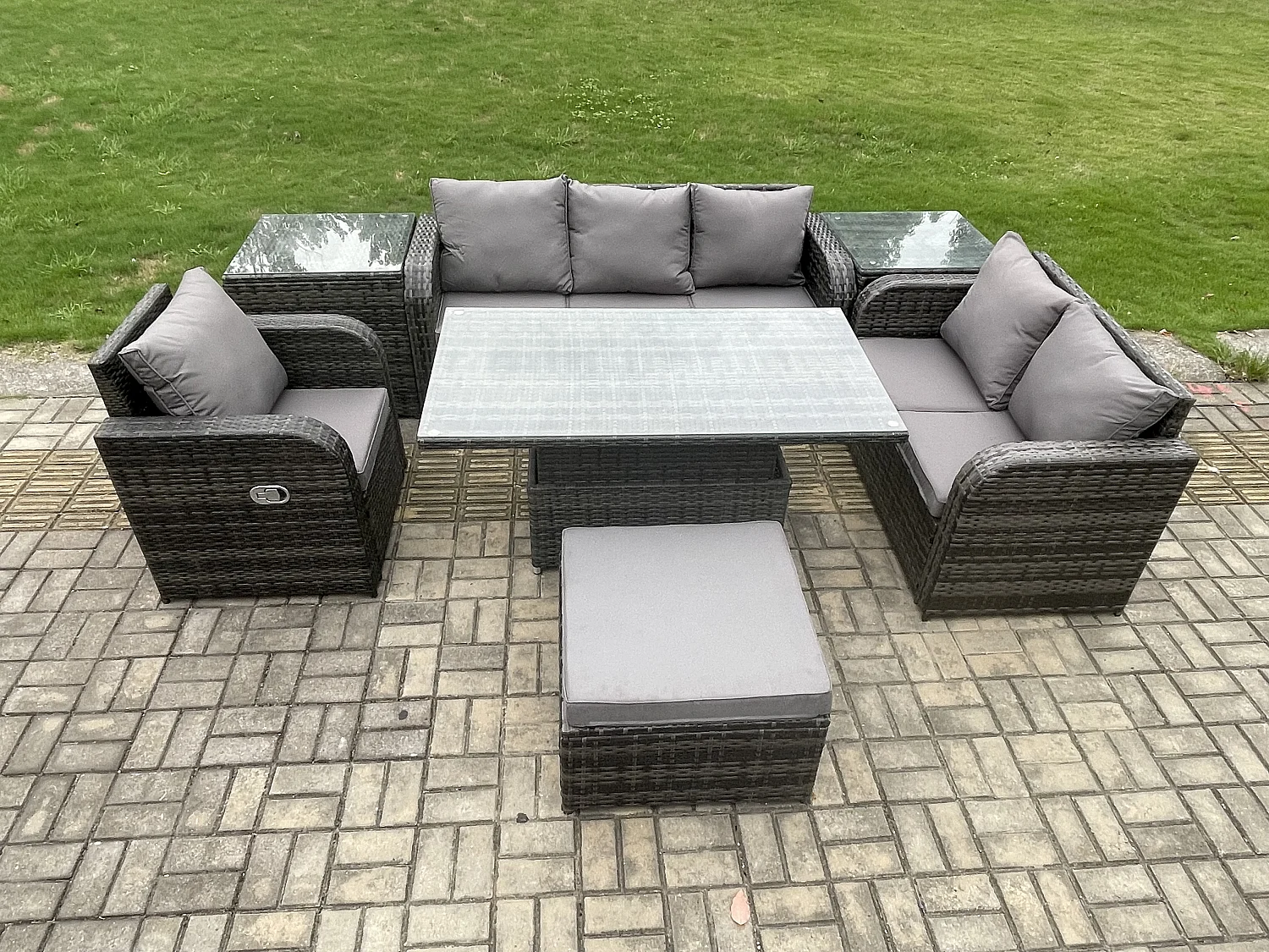 Salon de Jardin en Résine Ensemble Repas de Jardin Exterieur Table à manger réglable en hauteur Chaise inclinable Canapé avec 2 Tables d'appoint Grand tabouret