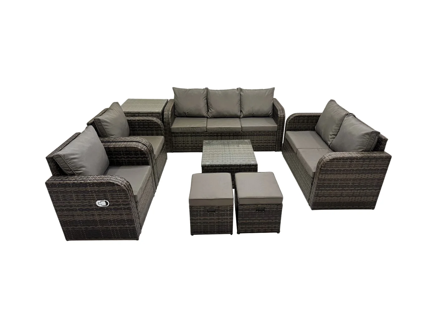 9-Sitzer Gartenmöbelset Rattan Garten Sofa im Freien Sessel mit Gehärteter Glastisch Beistelltisch 2 kleine Fußhockern Dunkelgrau Gemischt