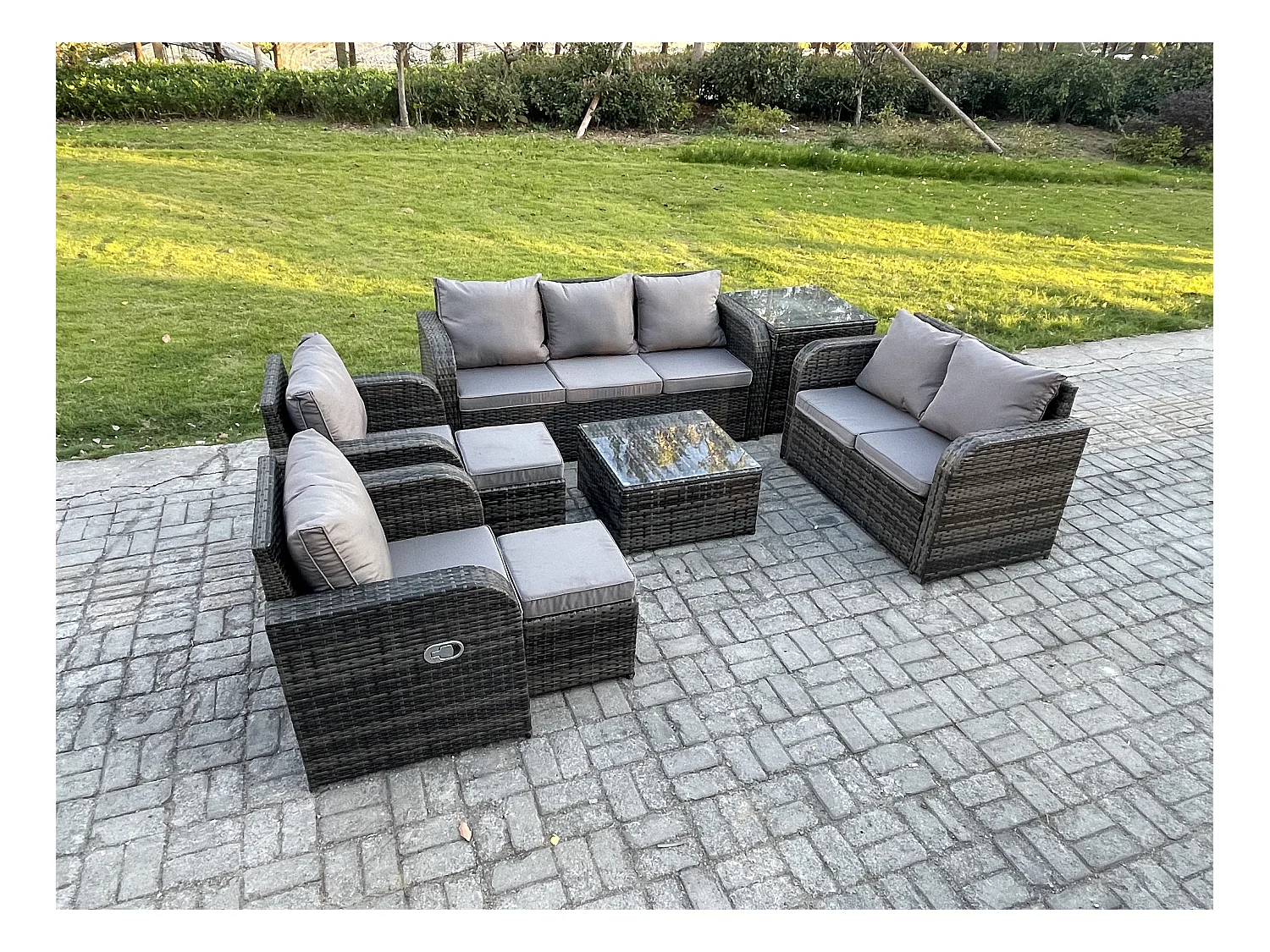 9-Sitzer Gartenmöbelset Rattan Garten Sofa im Freien Sessel mit Gehärteter Glastisch Beistelltisch 2 kleine Fußhockern Dunkelgrau Gemischt