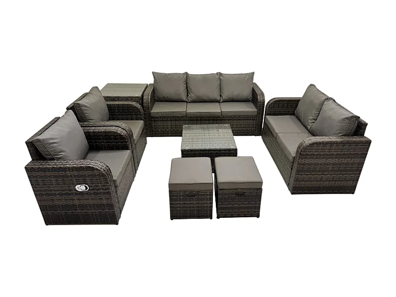 9-Sitzer Gartenmöbelset Rattan Garten Sofa im Freien Sessel mit Gehärteter Glastisch Beistelltisch 2 kleine Fußhockern Dunkelgrau Gemischt