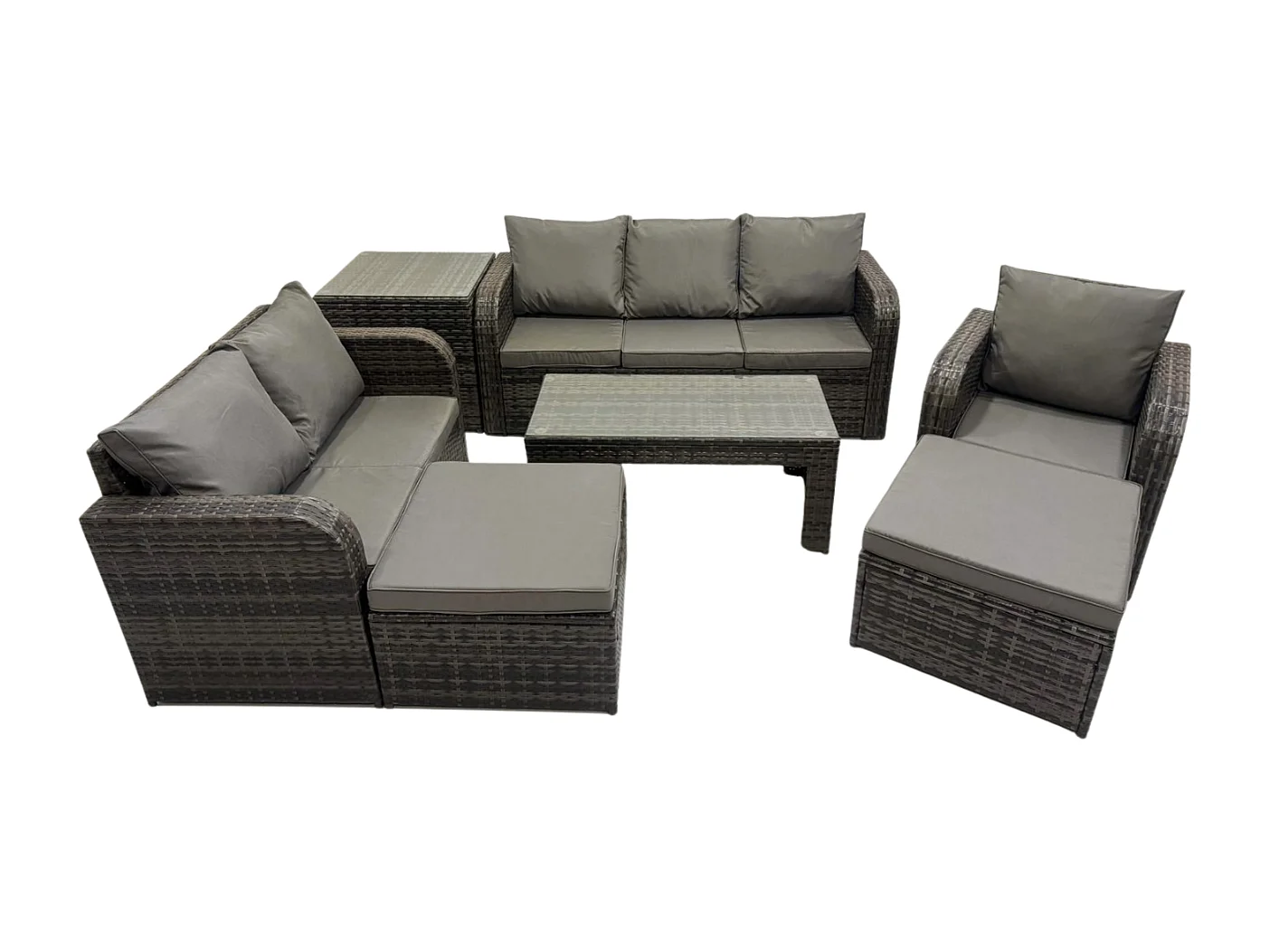Hoher Rücken Polyrattan Gartenmöbel Set mit Loveseat Sofa Rechteckiger Couchtisch Beistelltisch 2 hohen Hockern Garten Lounge Set Dunkelgrau Gemischt