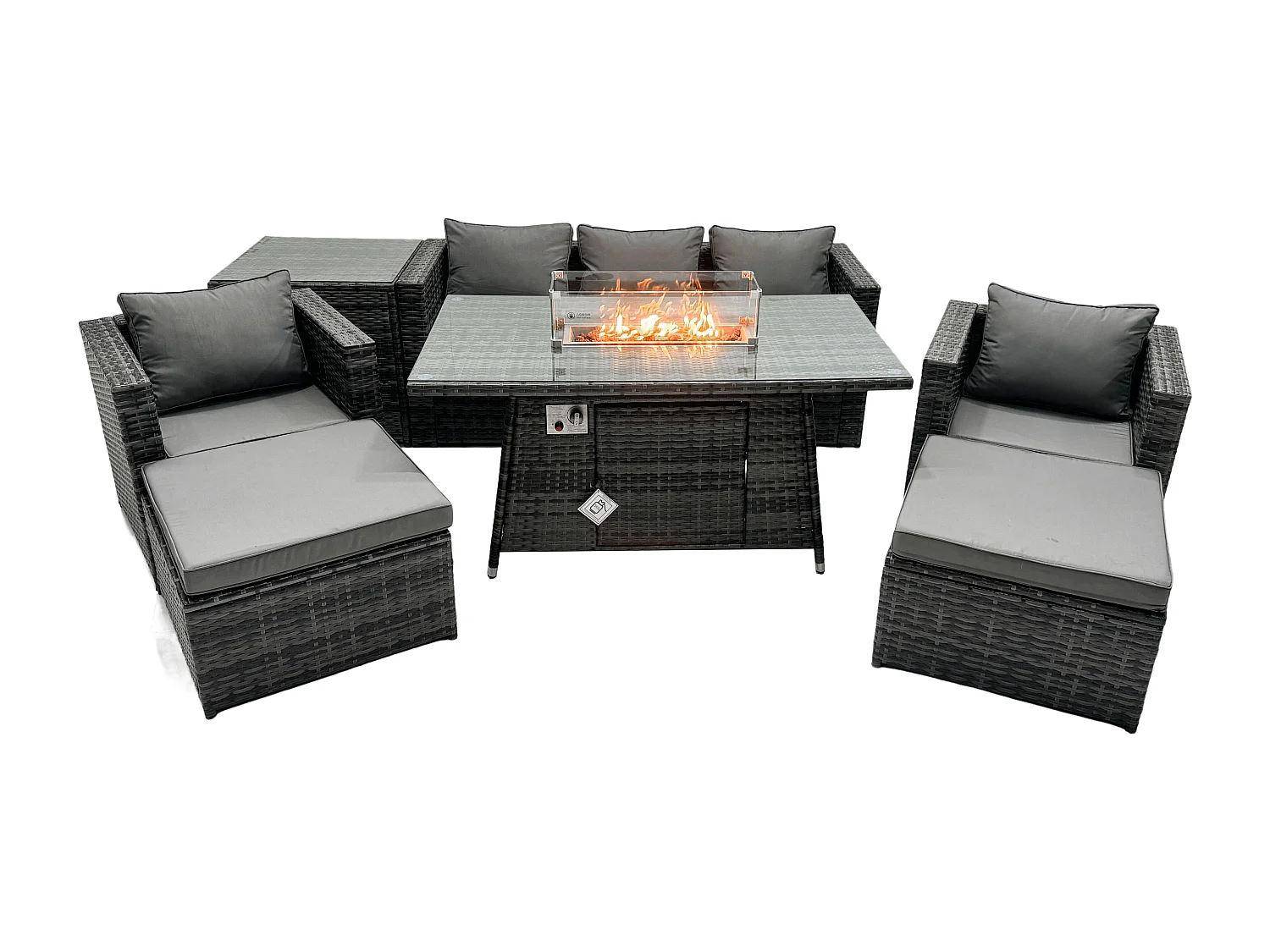 Ensemble de meubles de jardin en rotin ave Table de foyer à gaz 7 places Ensemble de canapés avec Table d'appoint 2 Grand tabourets